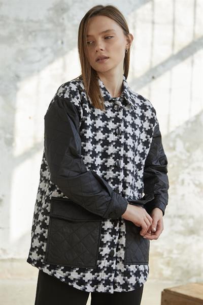 Kazayağı Desen Kapitone Siyah Ceket