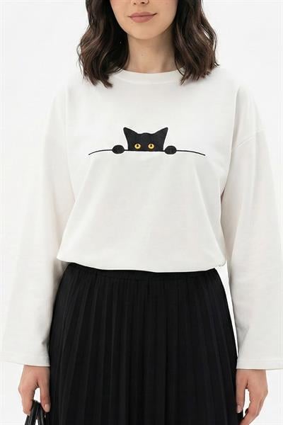 Kedi Desen Nakışlı Oversize Beyaz Sweat