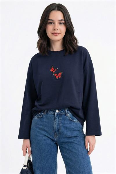 Kelebek Nakışlı Oversize Lacivert Sweat
