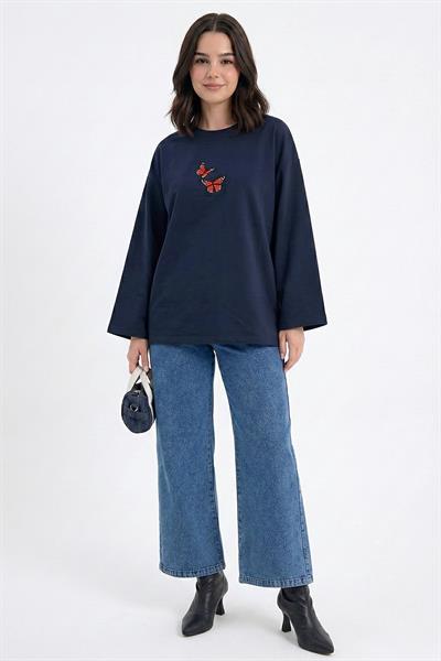 Kelebek Nakışlı Oversize Lacivert Sweat