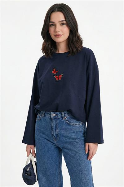 Kelebek Nakışlı Oversize Lacivert Sweat