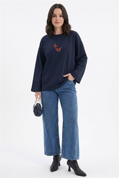 Kelebek Nakışlı Oversize Lacivert Sweat