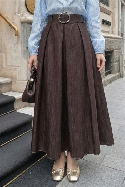 Kemerli Acı Kahve Kot Etek