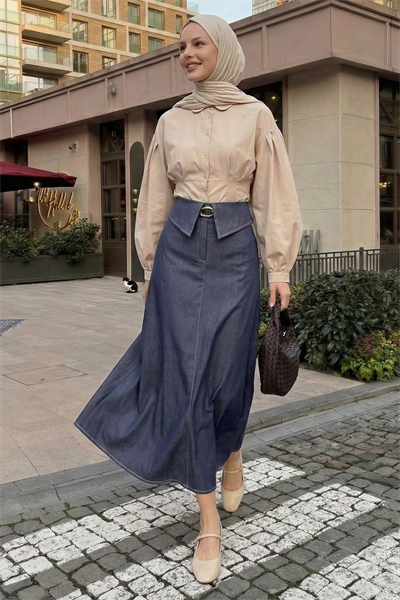 Kemerli Bel Detay Mavi Etek