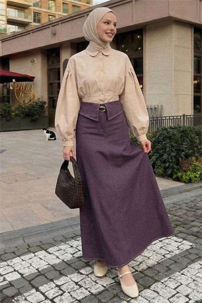 Kemerli Bel Detay Mürdüm Etek