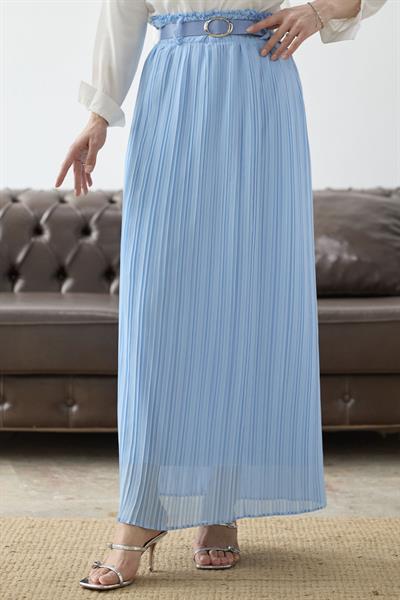 Kemerli Beli Büzgü Şifon Etek - Bebe Mavisi