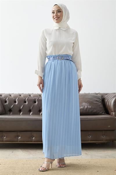 Kemerli Beli Büzgü Şifon Etek - Bebe Mavisi