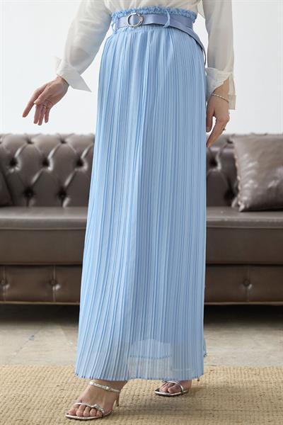 Kemerli Beli Büzgü Şifon Etek - Bebe Mavisi