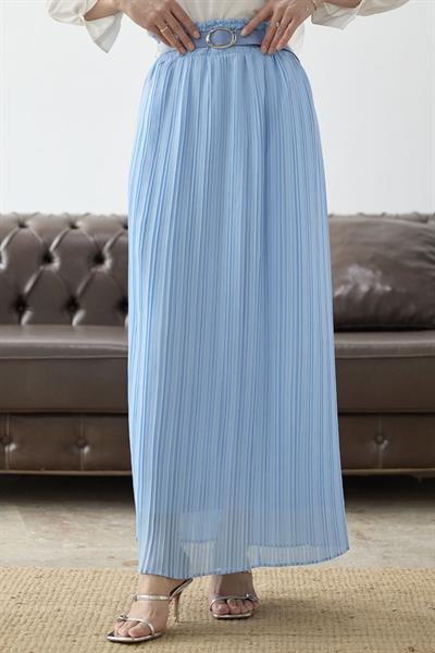 Kemerli Beli Büzgü Şifon Etek - Bebe Mavisi