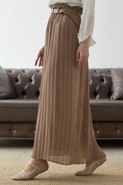 Kemerli Beli Büzgü Şifon Etek - Camel