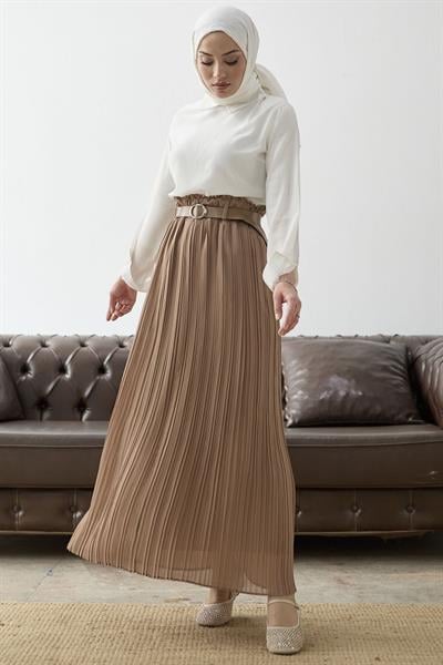 Kemerli Beli Büzgü Şifon Etek - Camel