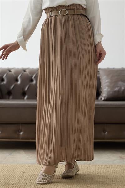 Kemerli Beli Büzgü Şifon Etek - Camel