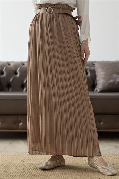 Kemerli Beli Büzgü Şifon Etek - Camel