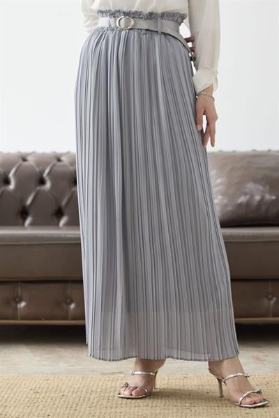 Kemerli Beli Büzgü Şifon Etek - Gri