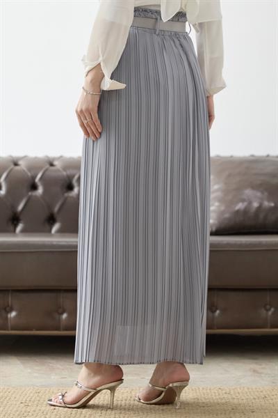 Kemerli Beli Büzgü Şifon Etek - Gri