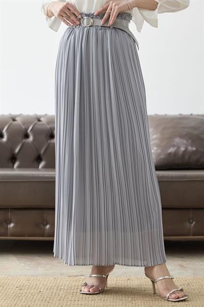 Kemerli Beli Büzgü Şifon Etek - Gri