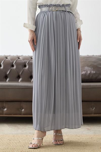 Kemerli Beli Büzgü Şifon Etek - Gri