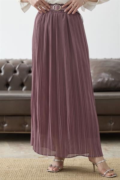 Kemerli Beli Büzgü Şifon Etek - Gül Kurusu