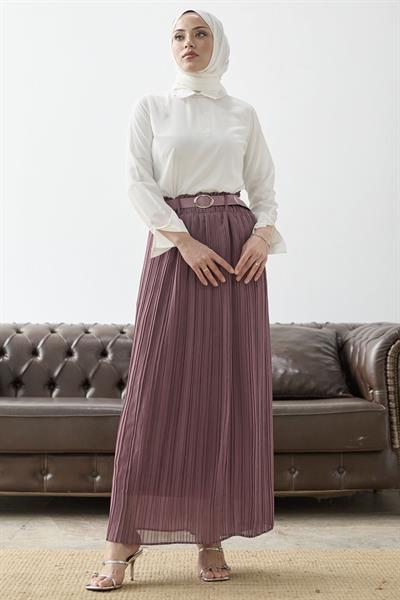 Kemerli Beli Büzgü Şifon Etek - Gül Kurusu