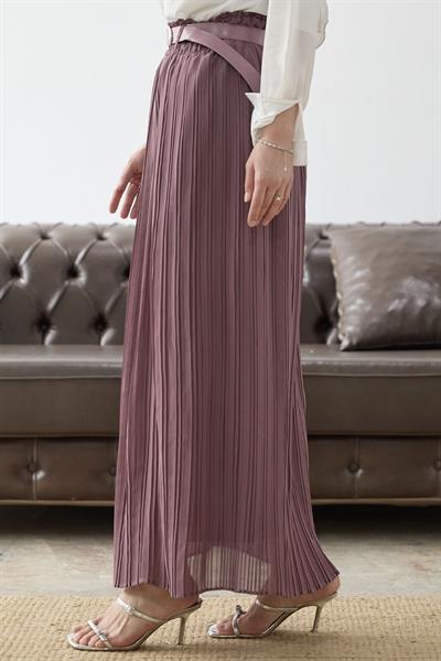 Kemerli Beli Büzgü Şifon Etek - Gül Kurusu