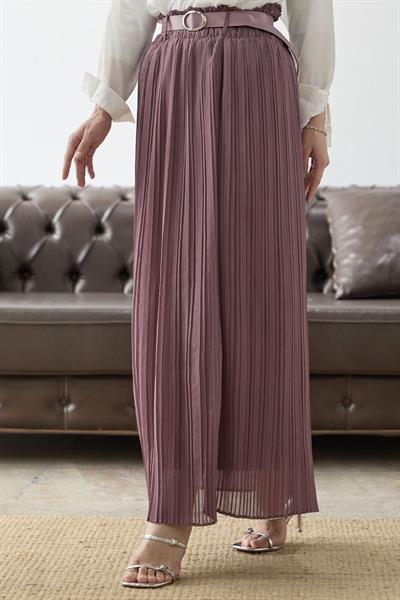 Kemerli Beli Büzgü Şifon Etek - Gül Kurusu
