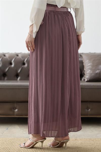 Kemerli Beli Büzgü Şifon Etek - Gül Kurusu