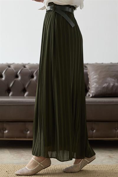 Kemerli Beli Büzgü Şifon Etek - Haki