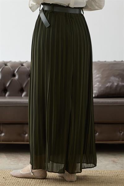 Kemerli Beli Büzgü Şifon Etek - Haki