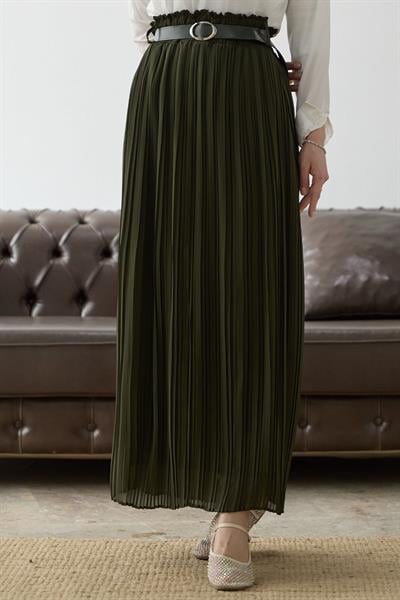 Kemerli Beli Büzgü Şifon Etek - Haki