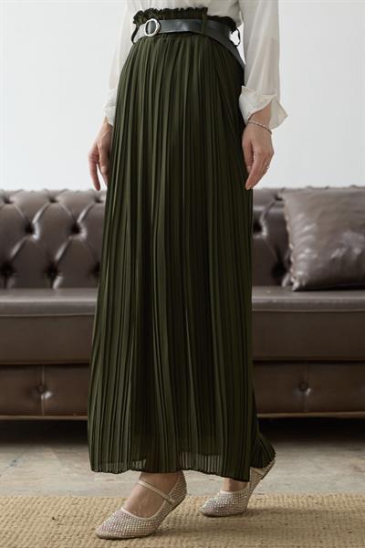 Kemerli Beli Büzgü Şifon Etek - Haki