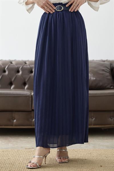 Kemerli Beli Büzgü Şifon Etek - Lacivert