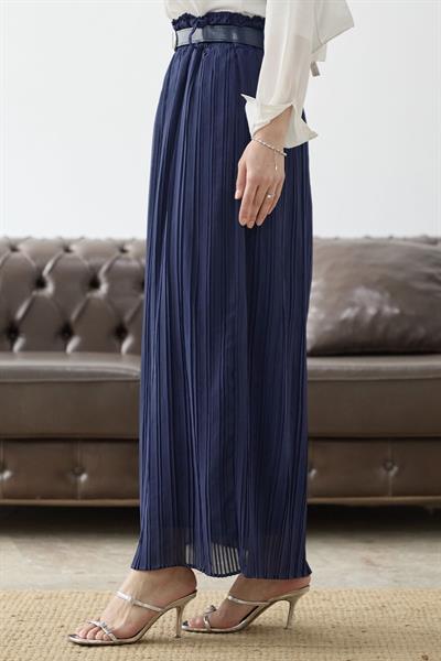 Kemerli Beli Büzgü Şifon Etek - Lacivert