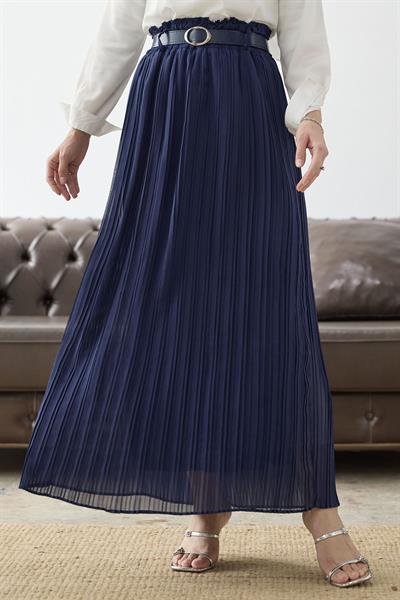 Kemerli Beli Büzgü Şifon Etek - Lacivert