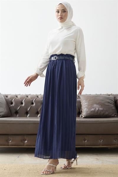 Kemerli Beli Büzgü Şifon Etek - Lacivert