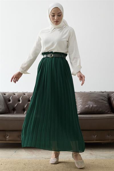 Kemerli Beli Büzgü Şifon Etek - Zümrüt Yeşili