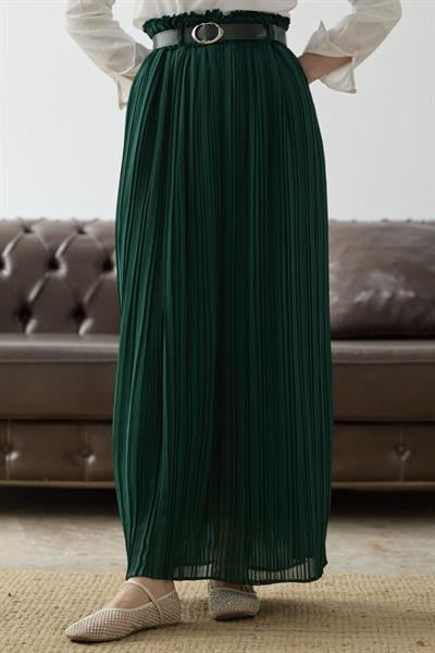 Kemerli Beli Büzgü Şifon Etek - Zümrüt Yeşili