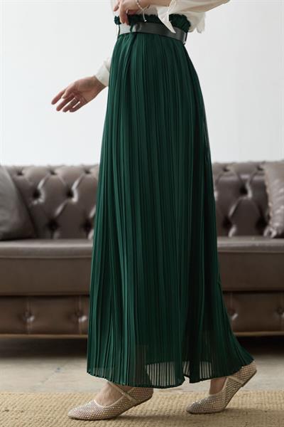 Kemerli Beli Büzgü Şifon Etek - Zümrüt Yeşili