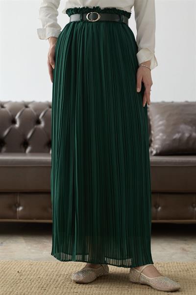Kemerli Beli Büzgü Şifon Etek - Zümrüt Yeşili