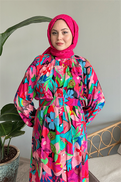 Kemerli Çiçekli Fuşya Viskon Elbise