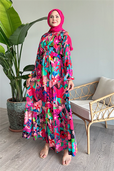 Kemerli Çiçekli Fuşya Viskon Elbise