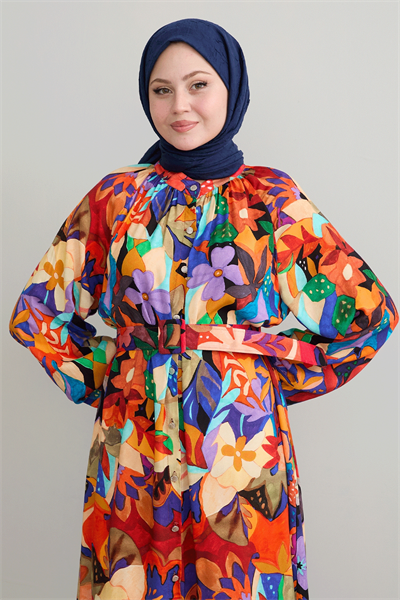 Kemerli Çiçekli Oranj Viskon Elbise