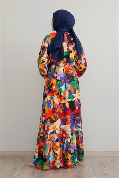 Kemerli Çiçekli Oranj Viskon Elbise