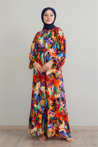 Kemerli Çiçekli Oranj Viskon Elbise
