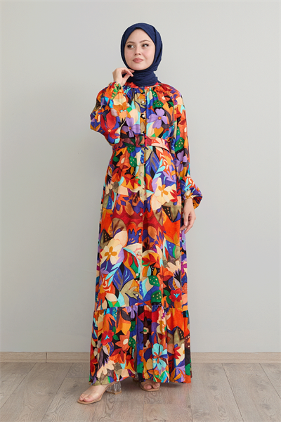 Kemerli Çiçekli Oranj Viskon Elbise