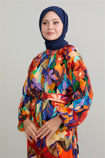 Kemerli Çiçekli Oranj Viskon Elbise