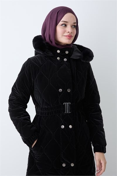 Kemerli Çift Çıtçıtlı Siyah Kapitone Mont