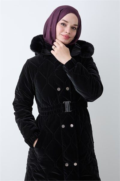 Kemerli Çift Çıtçıtlı Siyah Kapitone Mont