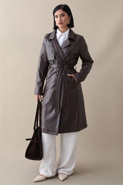 Kemerli Dar Kalıp Deri Trenç Acı Kahve