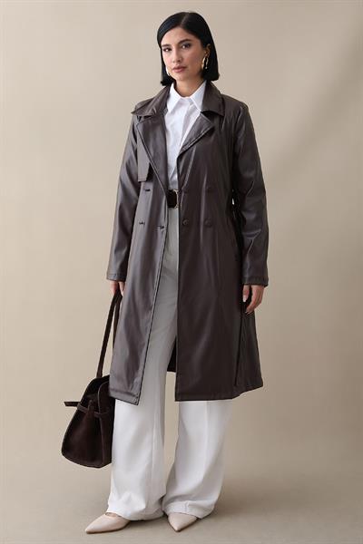 Kemerli Dar Kalıp Deri Trenç Acı Kahve