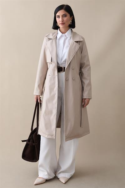 Kemerli Dar Kalıp Deri Trenç Bej